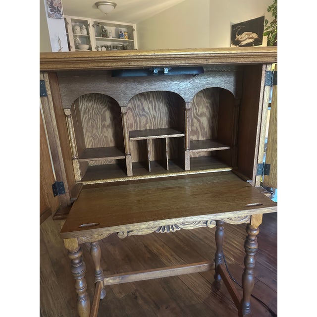 1970s 1920s Secretary Desk - Walnut Wood Detailed Carvings For Sale - Image 5 of 11