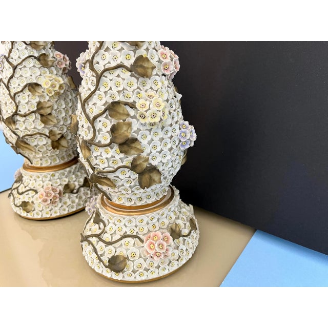 1950s Applied Floral Porcelain Tree of Life Lamps, Pair For Sale - Image 13 of 18