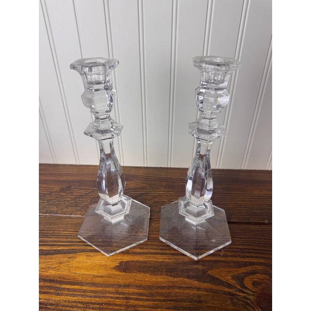 1980s Val Saint-Lambert Signed Belgian Crystal Candlesticks, Pair, 9.5" Tall, Late 20th Century For Sale - Image 5 of 7