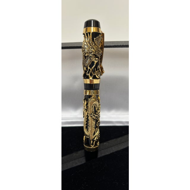 Dragon Motif Fountain Pen, Gold Overlay on Black, Acura, Mint in Box Circa 1990 For Sale - Image 12 of 18