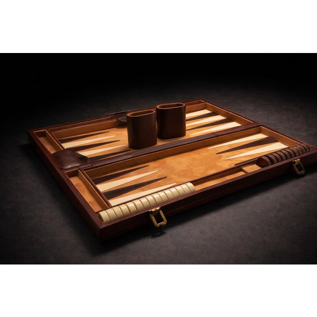 Mid-Century Modern Vintage Leather Travel Backgammon Set With Suede Inlay — Complete Attache Case Game Set, 18" For Sale - Image 3 of 5