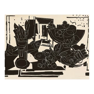 1951 Gustav Beck Fish and Fruit Bowl Still Life Linocut For Sale