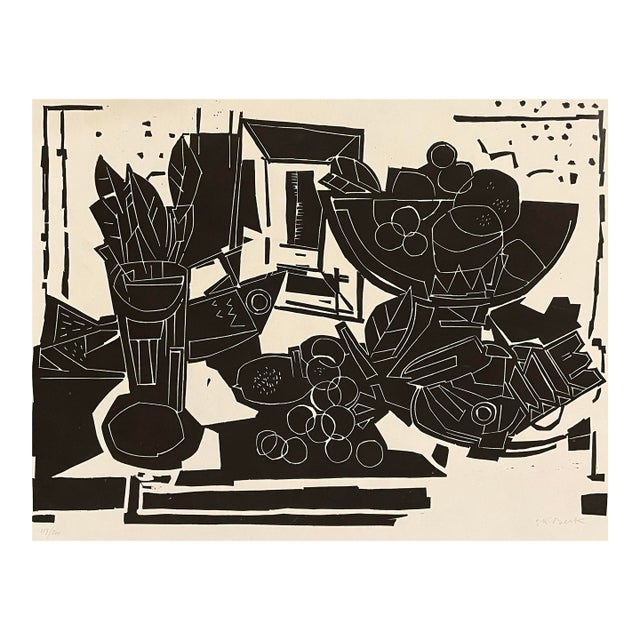 1951 Gustav Beck Fish and Fruit Bowl Still Life Linocut For Sale
