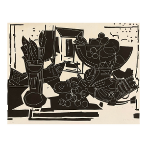 1951 Gustav Beck Fish and Fruit Bowl Still Life Linocut