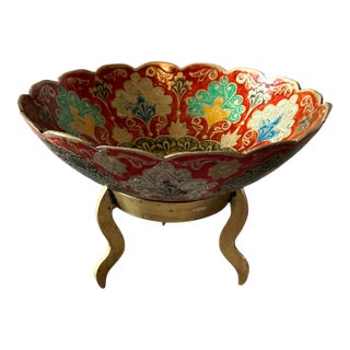 Vintage Indian Peacock Enamel Bowl With Brass Stand | Hand Painted Footed Decorative Bowl | Boho Maximalist Decor For Sale