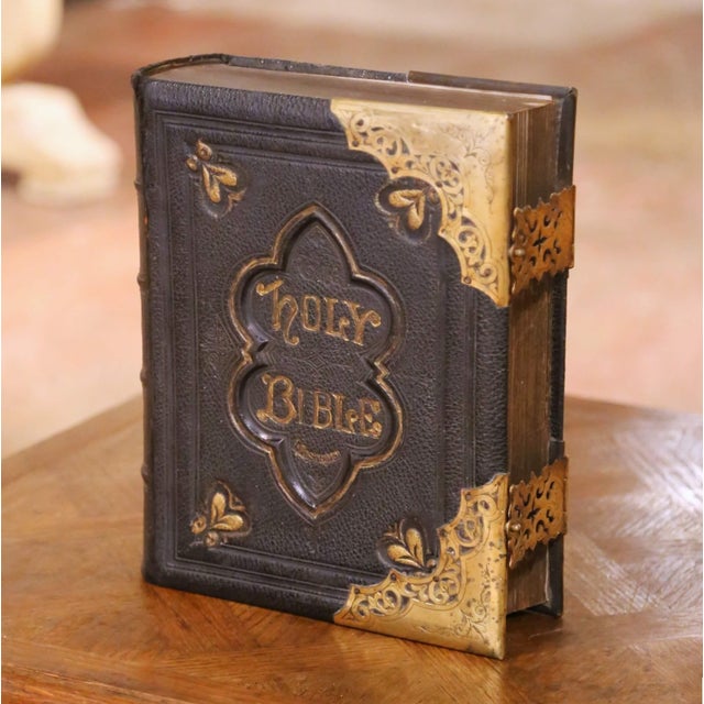19th Century English Leather Bound Holy Bible With Brass Mounts and Clasps For Sale In Dallas - Image 6 of 14