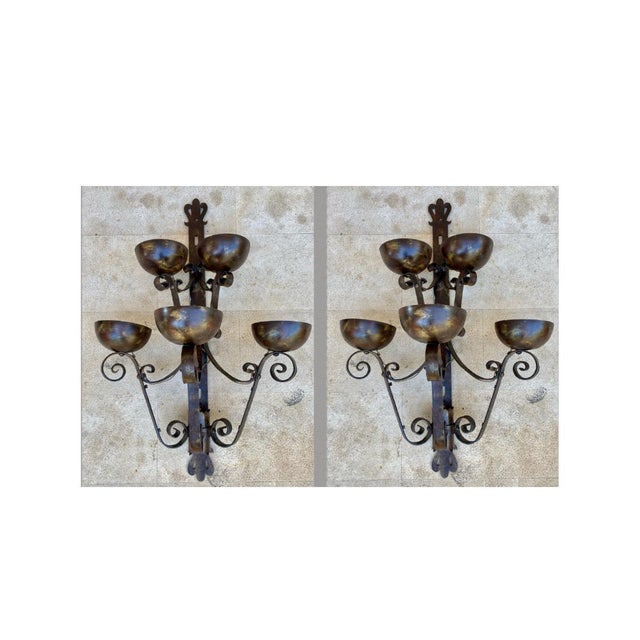 Pair of Big Spanish Hand-Forged Iron Wall Sconces, Mid-20th Century For Sale - Image 4 of 11