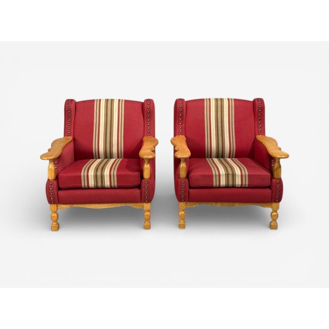 Henning Kjærnulf Style, Lounge Chairs, Red Fabric, Oak, Denmark, 1960s For Sale - Image 4 of 11