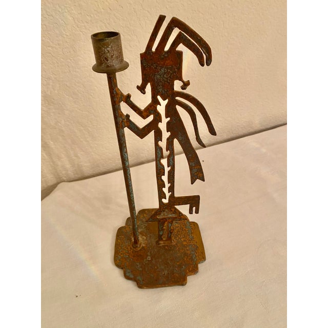 Vintage Native American Tribal Deity Figure Kokopelli Signed Sculptural Patina Metal Candle Holder For Sale - Image 11 of 14