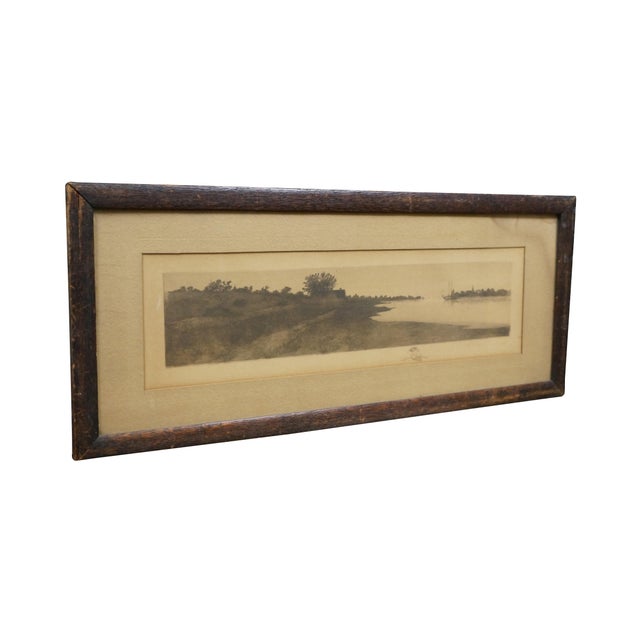 Late 19th century black and white etching by John Octavius Anderson. A panoramic seascape / landscape showing a large body...