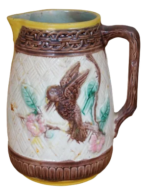 Antique Majolica Parrot Bird Dogwood Flower Basketweave Creamer Pitcher