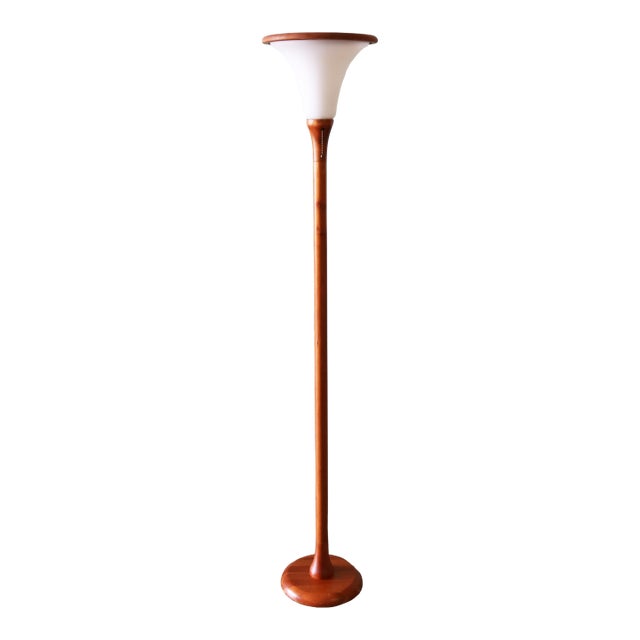 1960s Solid Teak Danish Modern Tulip Floor Lamp Frosted Glass Shade For Sale