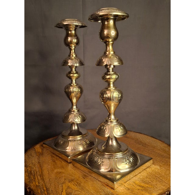 Antique Fraget Warsaw Shabbat Candlesticks Pair No. 4214 Polish Silver Plate 11" For Sale - Image 14 of 18