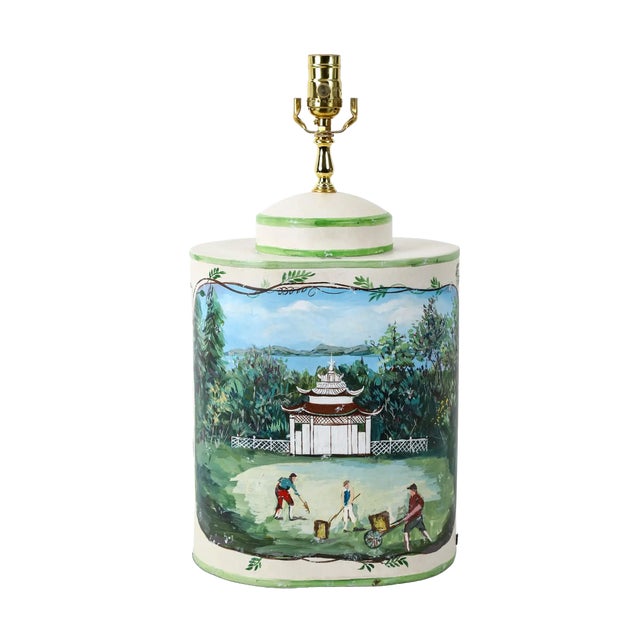 Mid 20th Century Mid-20th Century Chinese-Style Hand-Painted Ceramic Tea Canister Table Lamps - a Pair For Sale - Image 5 of 13