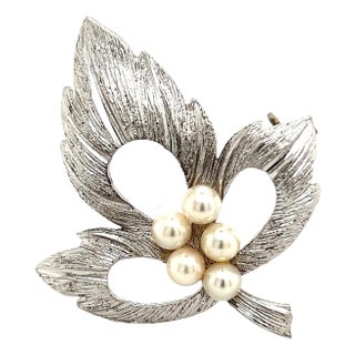 1990s Mikimoto Estate Akoya Pearl Leaf Brooch Pin Sterling Silver For Sale