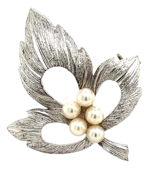 1990s Mikimoto Estate Akoya Pearl Leaf Brooch Pin Sterling Silver
