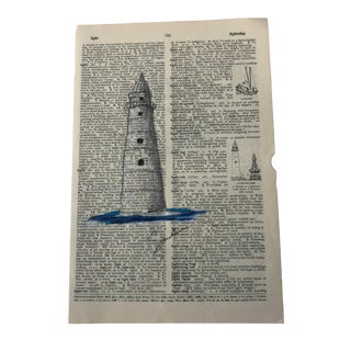 "Lighthouse" Contemporary Original Colored Pencil Drawing on Vintage Dictionary Page For Sale