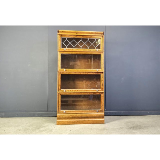 Oak Four Tier Barrister Bookcase with Leaded Glass, 1920 For Sale - Image 9 of 11