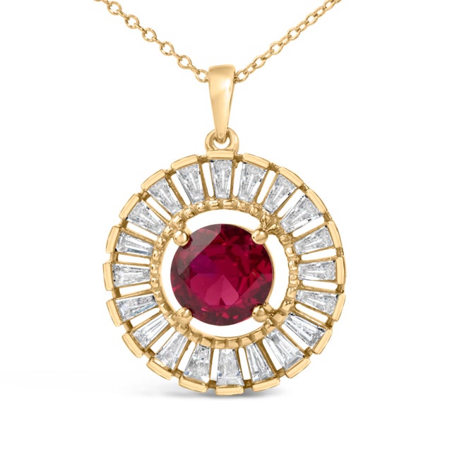 Contemporary 14K Yellow Gold Plated Sterling Silver Lab Grown Ruby and Diamond Medallion Pendant Necklace For Sale - Image 3 of 4
