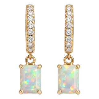 Natural Opal Huggie Hoop Earrings | Opal Dangle Pave Diamond Cz Hoops | Dainty October Birthstone Jewelry, - A Pair For Sale