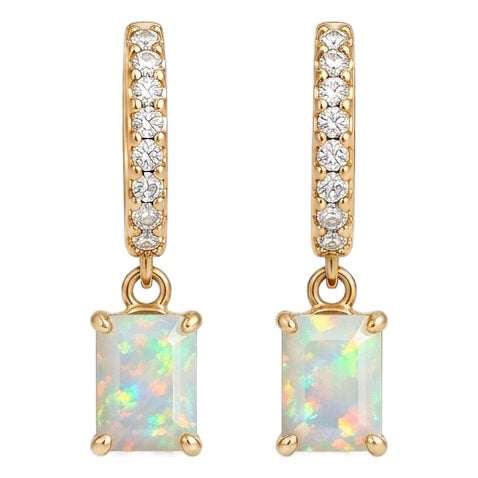 Natural Opal Huggie Hoop Earrings | Opal Dangle Pave Diamond Cz Hoops | Dainty October Birthstone Jewelry, - A Pair For Sale