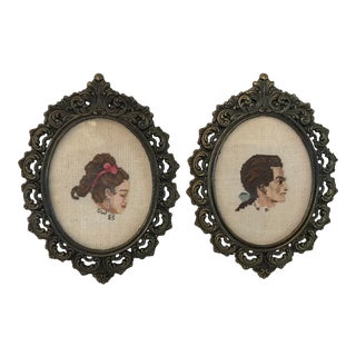 Vintage Needlework Profiles in Fancy Italian Frames For Sale