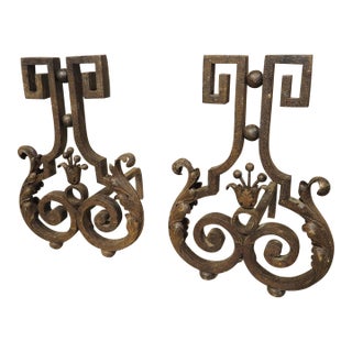 Pair of Decorative French 1940s Wrought Iron and Tole Fireplace Chenets For Sale
