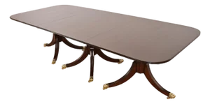 Baker Furniture Style English Georgian Mahogany Triple Pedestal Extension Dining Table, Newly Refinished