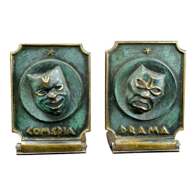 Pair of Mid Century Comedy and Drama Israeli Dayagi Brothers Bronze Bookends Circa 1960 For Sale