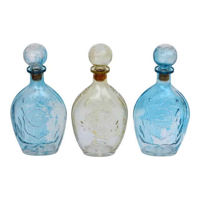 Mid-20th Century American Blown Glass Flasks Decanter Bottles Friendship Horn of Plenty Blue Amber - Set of 3 For Sale