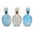 Mid-20th Century American Blown Glass Flasks Decanter Bottles Friendship Horn of Plenty Blue Amber - Set of 3 For Sale