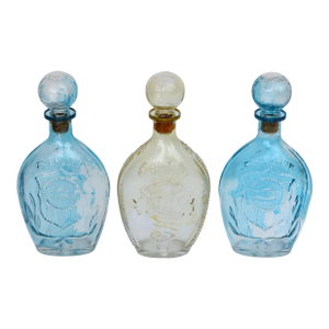 Mid-20th Century American Blown Glass Flasks Decanter Bottles Friendship Horn of Plenty Blue Amber - Set of 3
