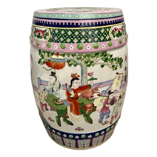 Mid-20th C. Chinese Hand-Painted Porcelain Garden Stool With Figural Scenes For Sale