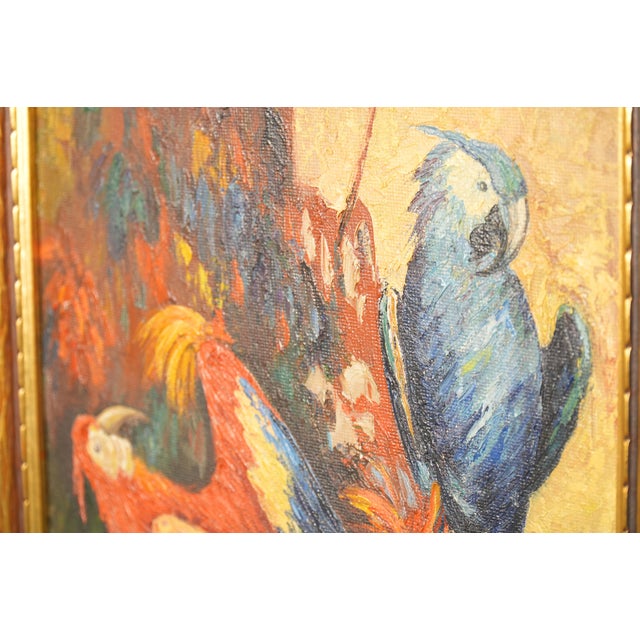 American 1937 Harry Leonard Lopp Framed Oil on Board Painting Parrots Signed & Dated For Sale - Image 3 of 5