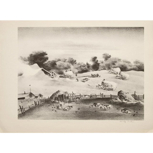 An excellent First Edition period black and white offset lithograph (print) after drawing "Threshing" by American artist...