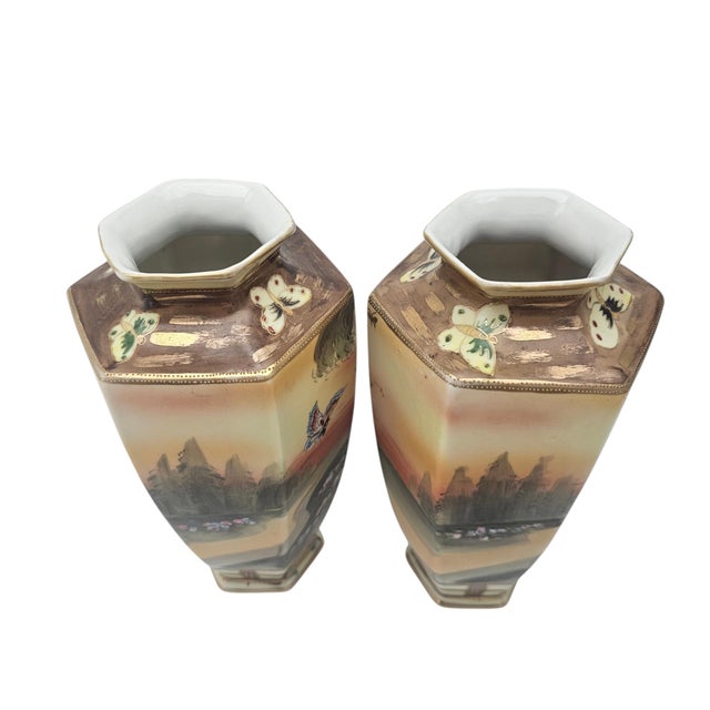Art Deco Pair Antique Nippon Imperial Mark Hand Painted Landscape Vases Moriage Gilt Porcelain 9.5” For Sale - Image 3 of 18