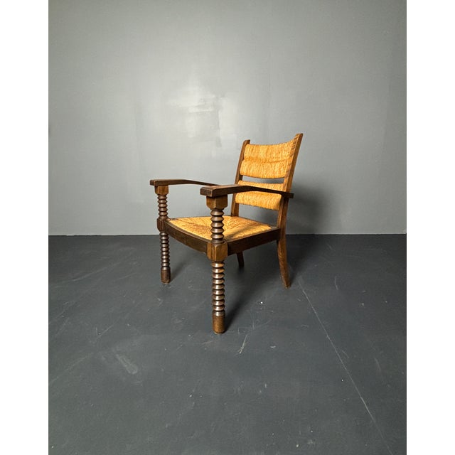 Brutalist Turned Oak and Rush Armchair in the style of Charles Dudouyt, France, 1950s For Sale - Image 10 of 18