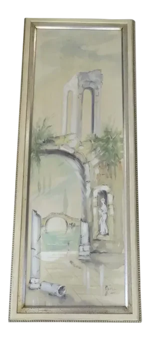Mid 20th Century Watercolor "Solitude" by Gina Rudolf Lesch Fine Art Mid-Century Hollywood Regency Framed Architectural Ruins