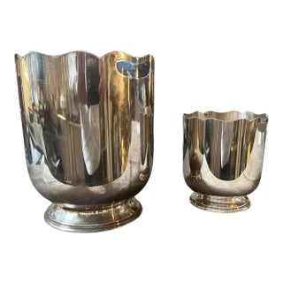 1970s Mid-Century Modern Silver Plated French Set of Wine Cooler and Ice Bucket For Sale