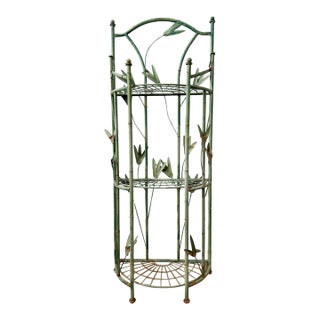 Vintage Faux Bamboo & Botanical Metal Étagère / Plant Stand With Green Verdigris Finish - Hollywood Regency, Chinoiserie, Palm Beach For Sale
