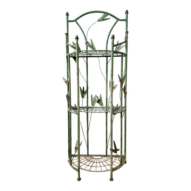 Vintage Faux Bamboo & Botanical Metal Étagère / Plant Stand With Green Verdigris Finish - Hollywood Regency, Chinoiserie, Palm Beach For Sale