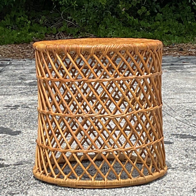 Mid 20th Century Vintage Coastal Woven Rattan Drum Table For Sale - Image 5 of 6