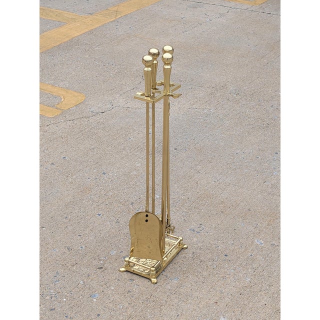 Mid 20th Century Vintage Ball Head Brass Fireplace Tools Set - Set of 4 For Sale - Image 5 of 8
