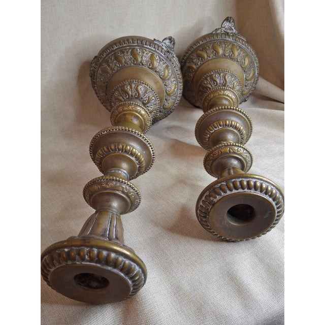 Antique Warsaw Brass Shabbat Candlesticks, 14" Polish Sabbath 19th Century Pair For Sale - Image 15 of 16