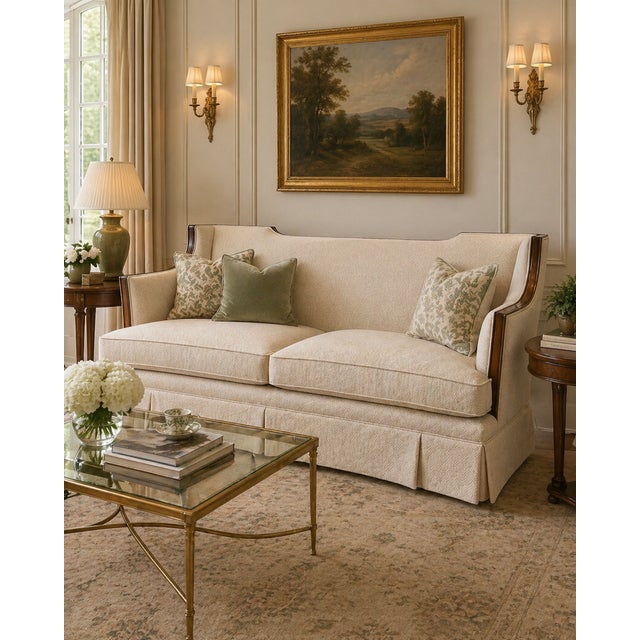 A refined and classically styled sofa by Theodore Alexander, upholstered in a subtle geometric patterned fabric that adds...