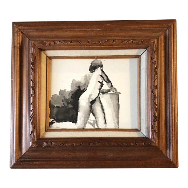 Original Vintage Female Nude Watercolor Study Painting 1950’s Carved Wood Frame For Sale