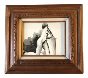 Original Vintage Female Nude Watercolor Study Painting 1950’s Carved Wood Frame