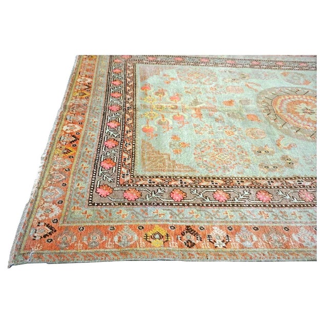Green Antique Turkish Khotan Wool 6X12 Green, Orange & Blue Handmade Gallery Rug #9902946 For Sale - Image 8 of 18
