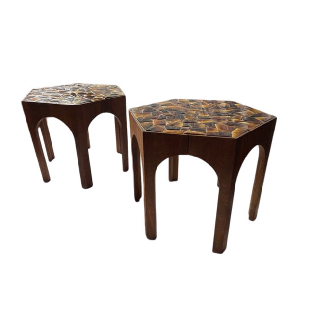 Unique hexagon shaped side tables with a crackle ceramic mosaic top. In the brutalist style of Harvey Probber. Each side...
