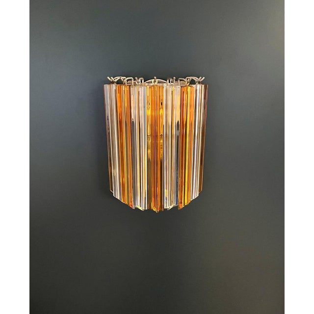 Mid-Century Modern Vintage Murano Wall Sconce with 9 Clear and Amber Quadriedri, 1990s, Set of 2 For Sale - Image 3 of 14
